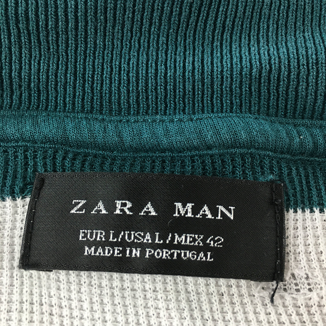 Zara Man Knit Polo Shirt Size L Slim Fit Stretch Green White Striped Rugby