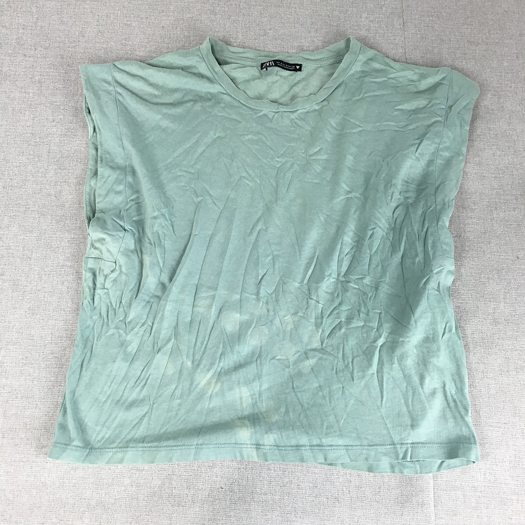 Zara Womens Top Size S Green Sleeveless Crew Neck Shirt