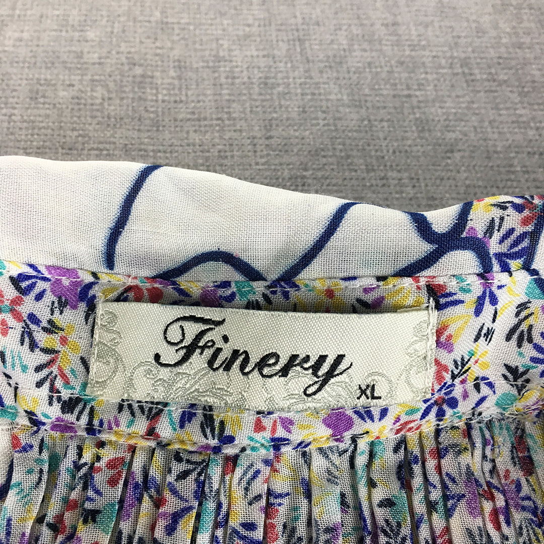 Finery Womens Shirt Size XL White Floral Pleated Button-Up Collared Blouse