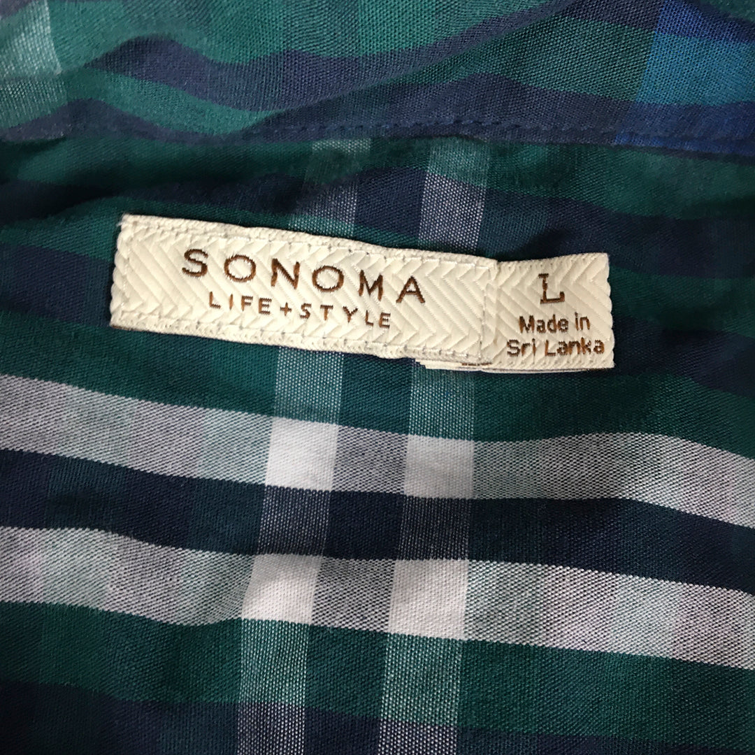 Sonoma Mens Shirt Size L Green Blue Checkered Button-Up Long Sleeve