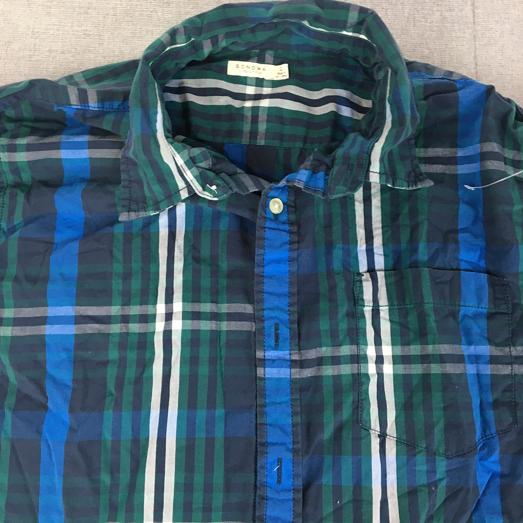 Sonoma Mens Shirt Size L Green Blue Checkered Button-Up Long Sleeve