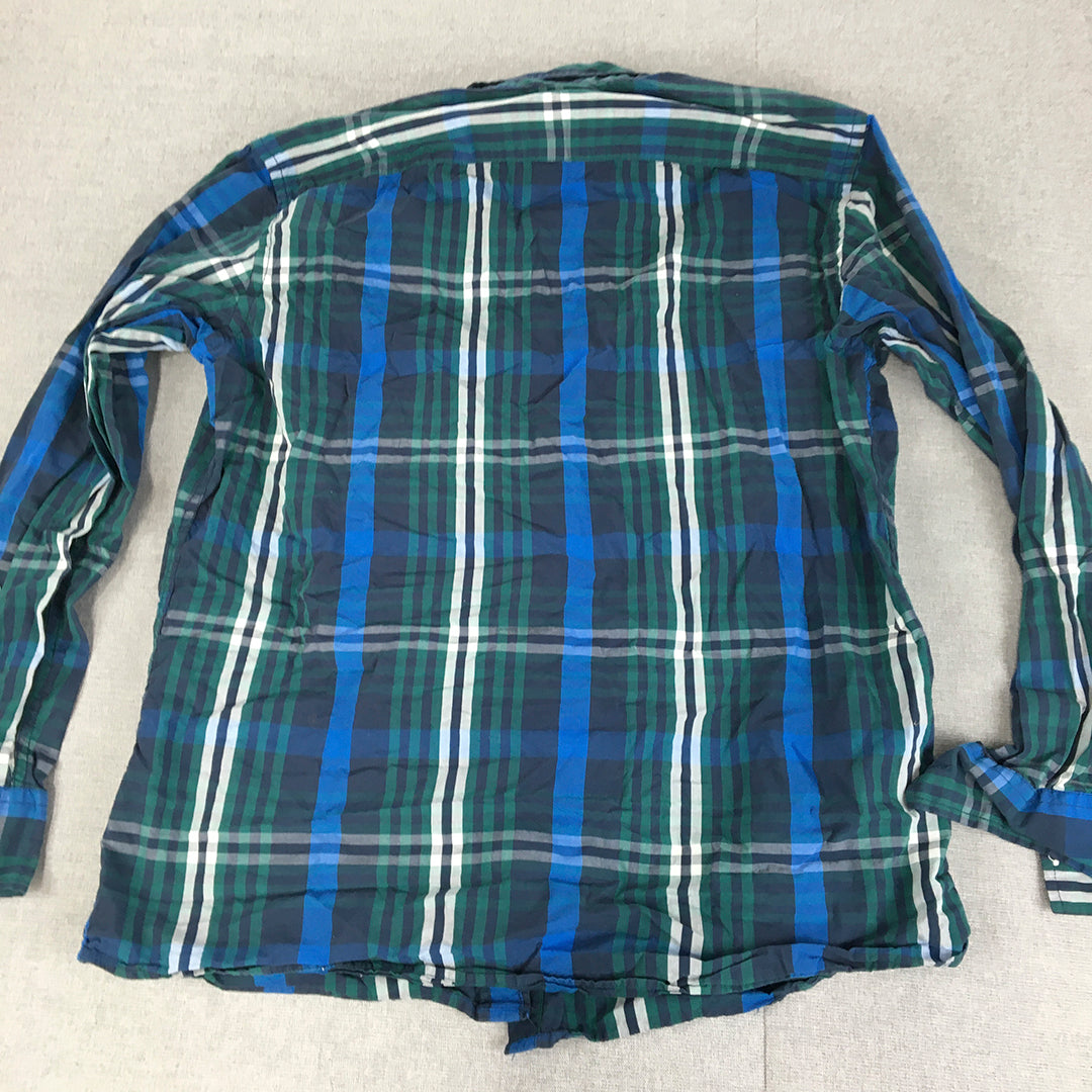 Sonoma Mens Shirt Size L Green Blue Checkered Button-Up Long Sleeve