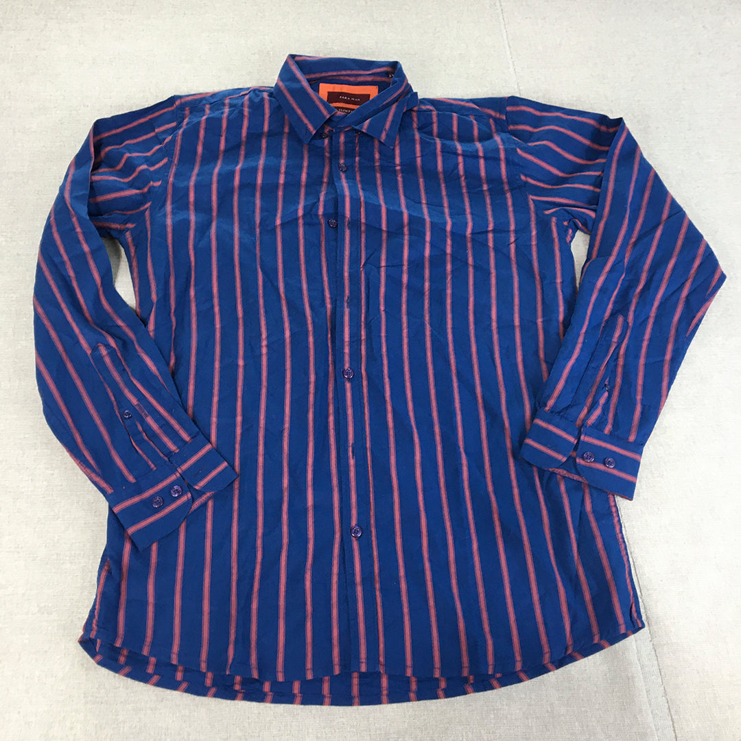 Zara Man Shirt Size L Blue Pink Striped Slim Fit Long Sleeve Button-Up