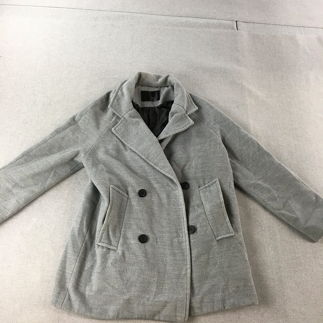 O.F.B Womens Pea Coat Size 12 Grey Double Breasted Pockets Jacket Korean Brand