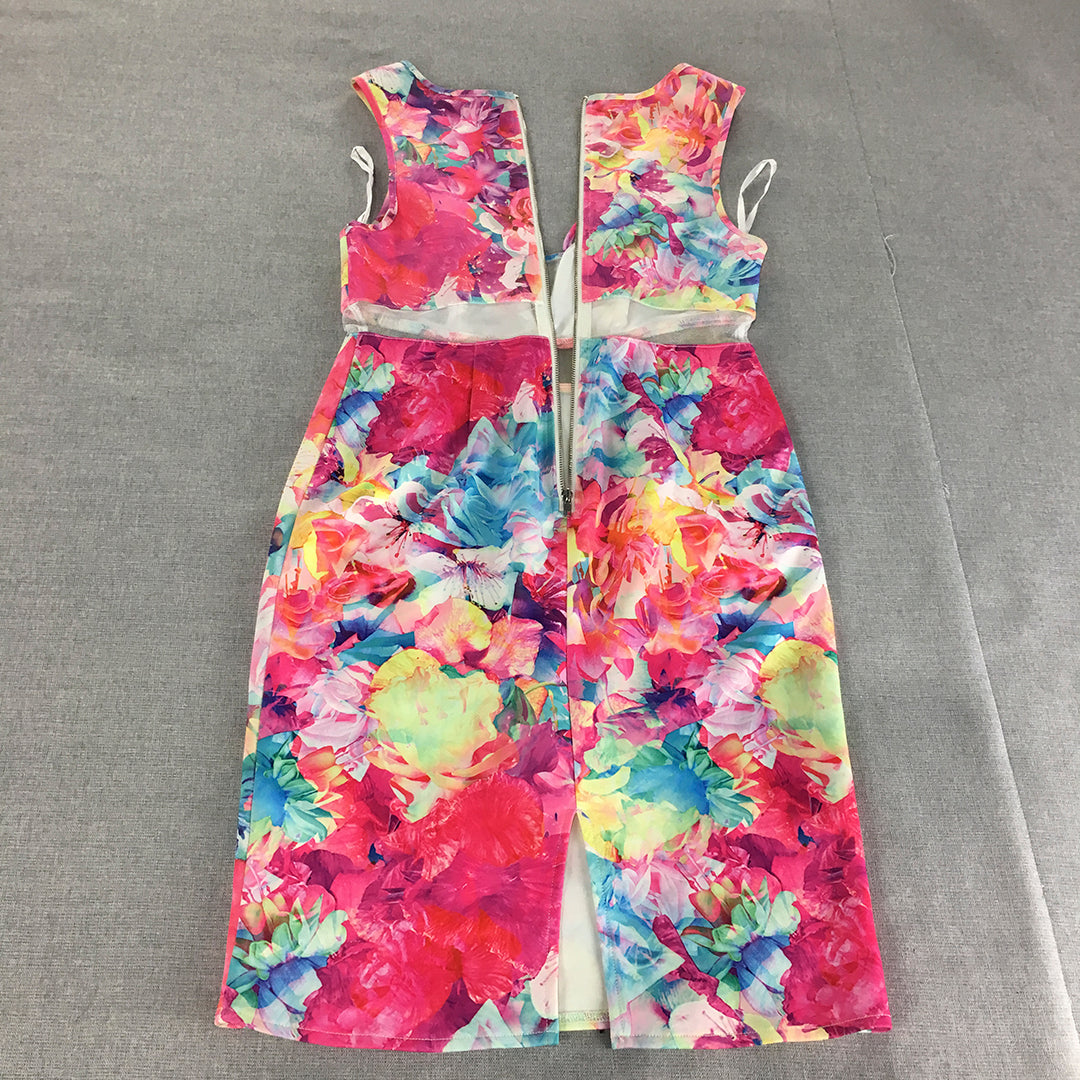 Indikah Womens Pencil Dress Size 8 White Pink Floral Sleeveless Mini