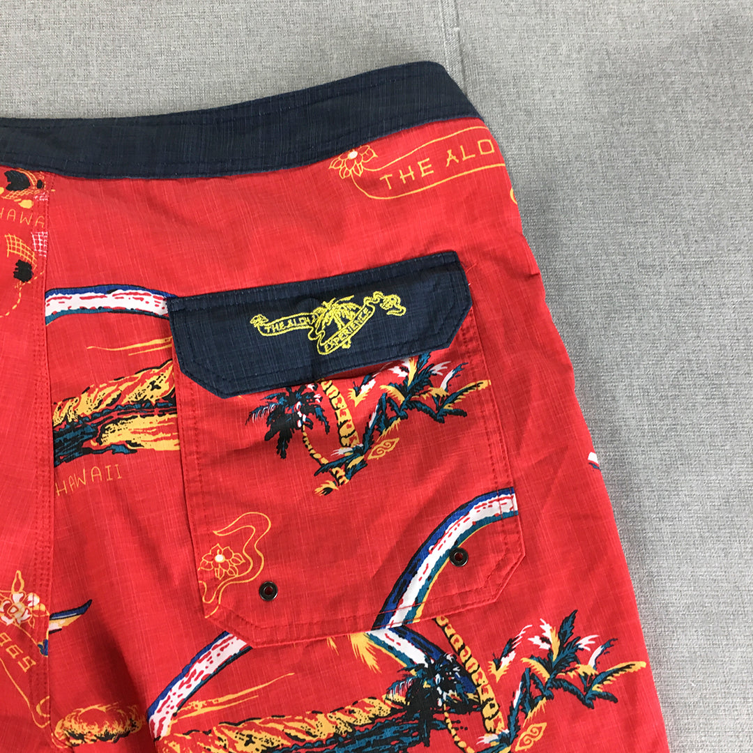 Rip Curl Mirage Board Shorts Size 36 Red Aloha Hawaiian Drawstring Surf Swim