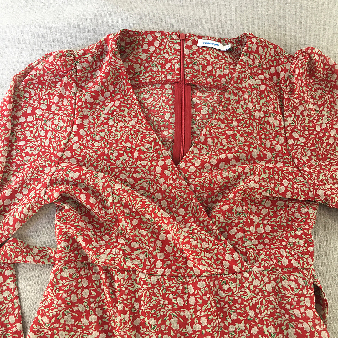 Valleygirl Womens Dress Size 8 Red Floral Long Sleeve Midi Belted