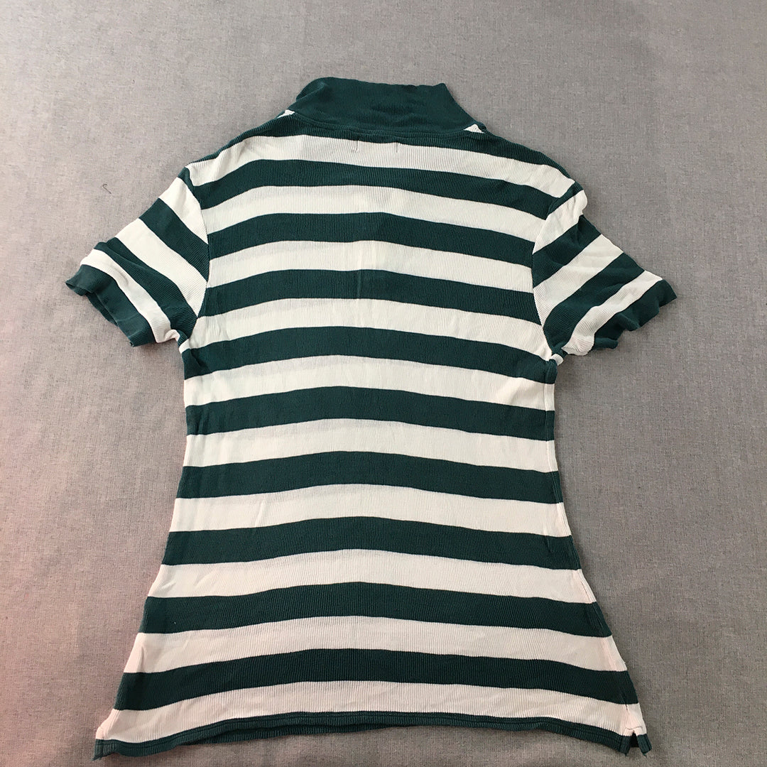 Zara Man Knit Polo Shirt Size L Slim Fit Stretch Green White Striped Rugby