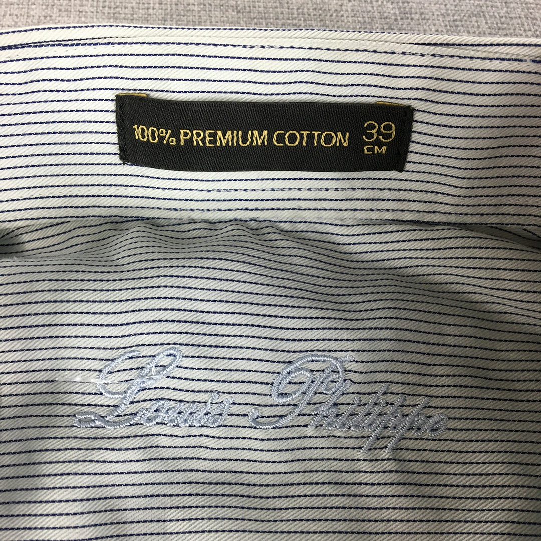 Louis Philippe Mens Shirt Size S (39) White Blue Striped Long Sleeve Button-Up