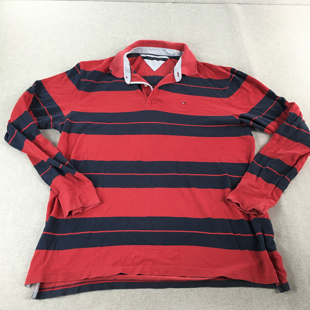 Tommy Hilfiger Mens Rugby Shirt Size L Red Navy Striped Long Sleeve Logo Polo