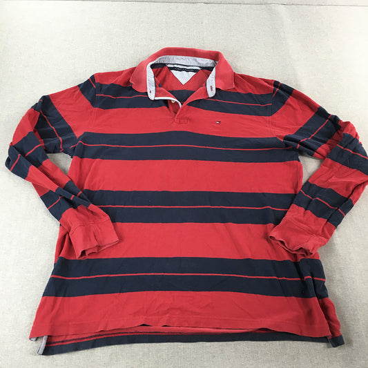 Tommy Hilfiger Mens Rugby Shirt Size L Red Navy Striped Long Sleeve Logo Polo