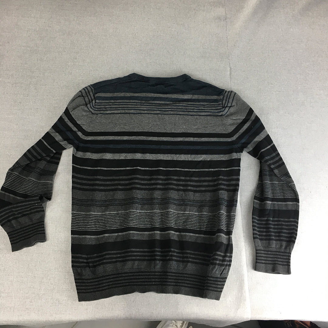 Jag Mens Knit Sweater Size L Grey Black Striped Crew Neck Pullover Jumper