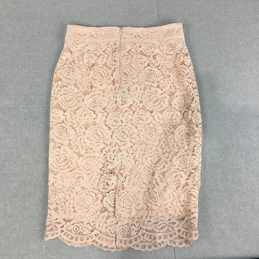 Forcast Boutique Womens Midi Skirt Size 10 Pink Floral Lace Straight Pencil