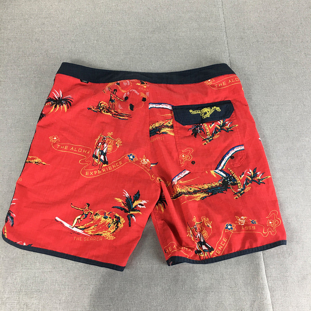 Rip Curl Mirage Board Shorts Size 36 Red Aloha Hawaiian Drawstring Surf Swim