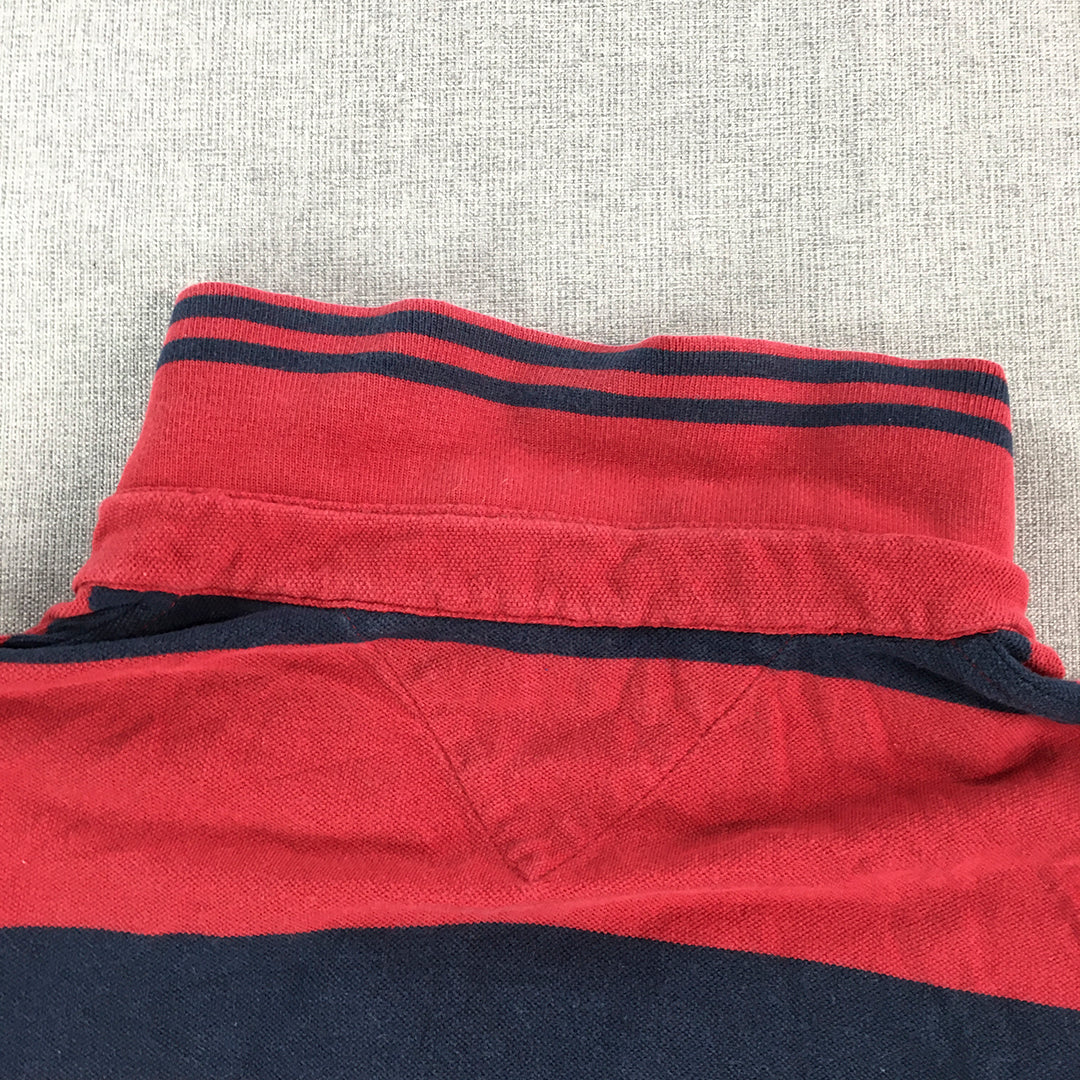 Tommy Hilfiger Mens Rugby Shirt Size L Red Navy Striped Long Sleeve Logo Polo