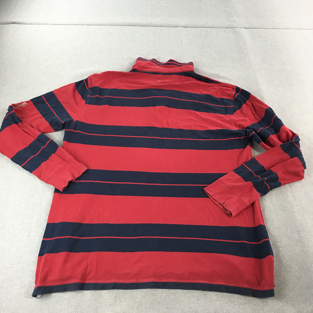 Tommy Hilfiger Mens Rugby Shirt Size L Red Navy Striped Long Sleeve Logo Polo