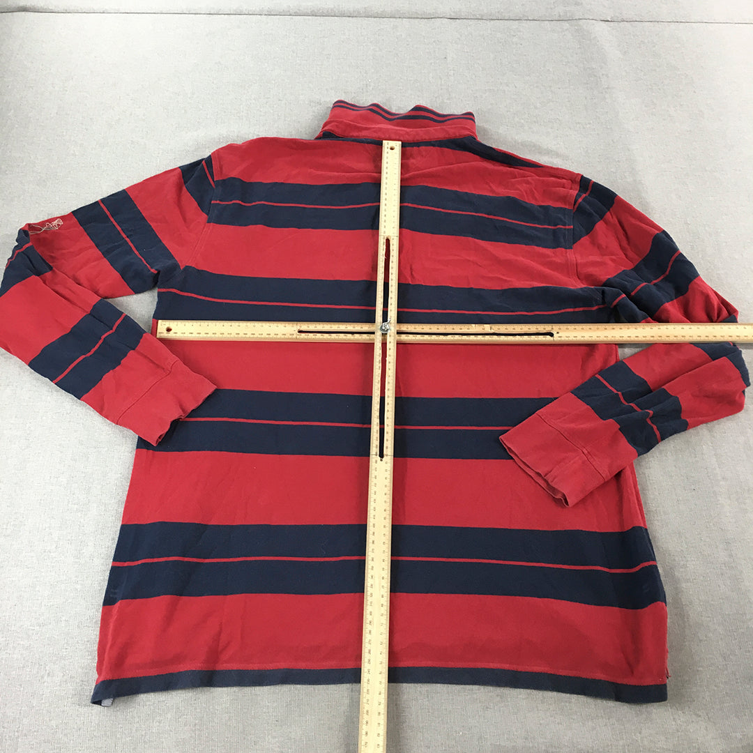 Tommy Hilfiger Mens Rugby Shirt Size L Red Navy Striped Long Sleeve Logo Polo