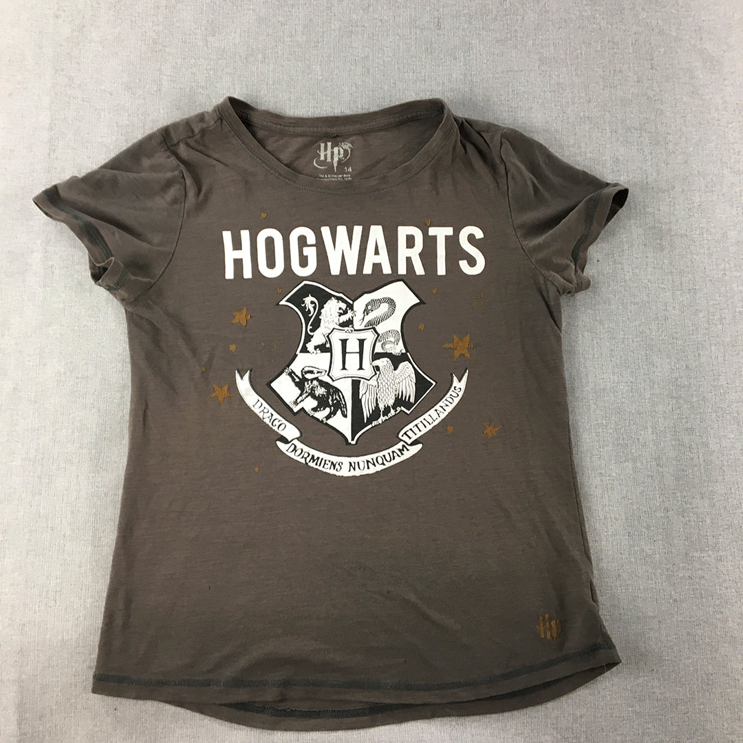 Harry Potter Kids Girls T-Shirt Size 14 Brown Hogwarts Logo Short Sleeve Top