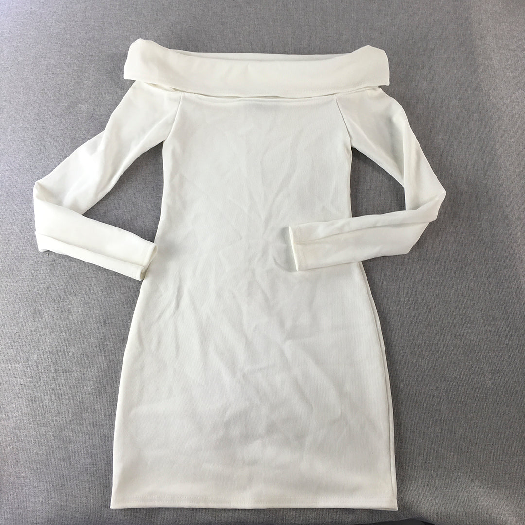 Boohoo Womens Mini Dress Size 8 White Knit Long Sleeve Bodycon Stretch