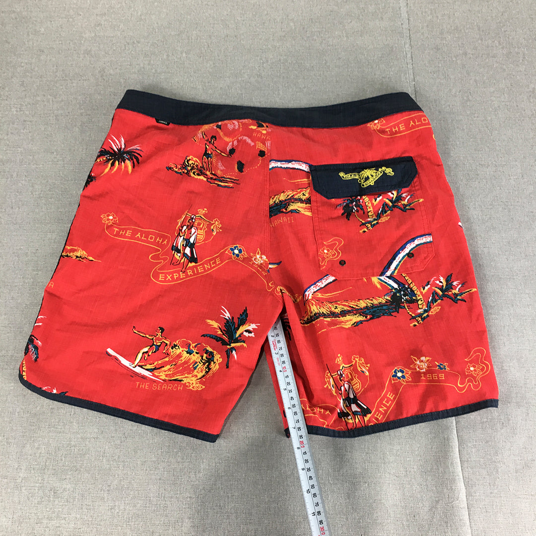 Rip Curl Mirage Board Shorts Size 36 Red Aloha Hawaiian Drawstring Surf Swim