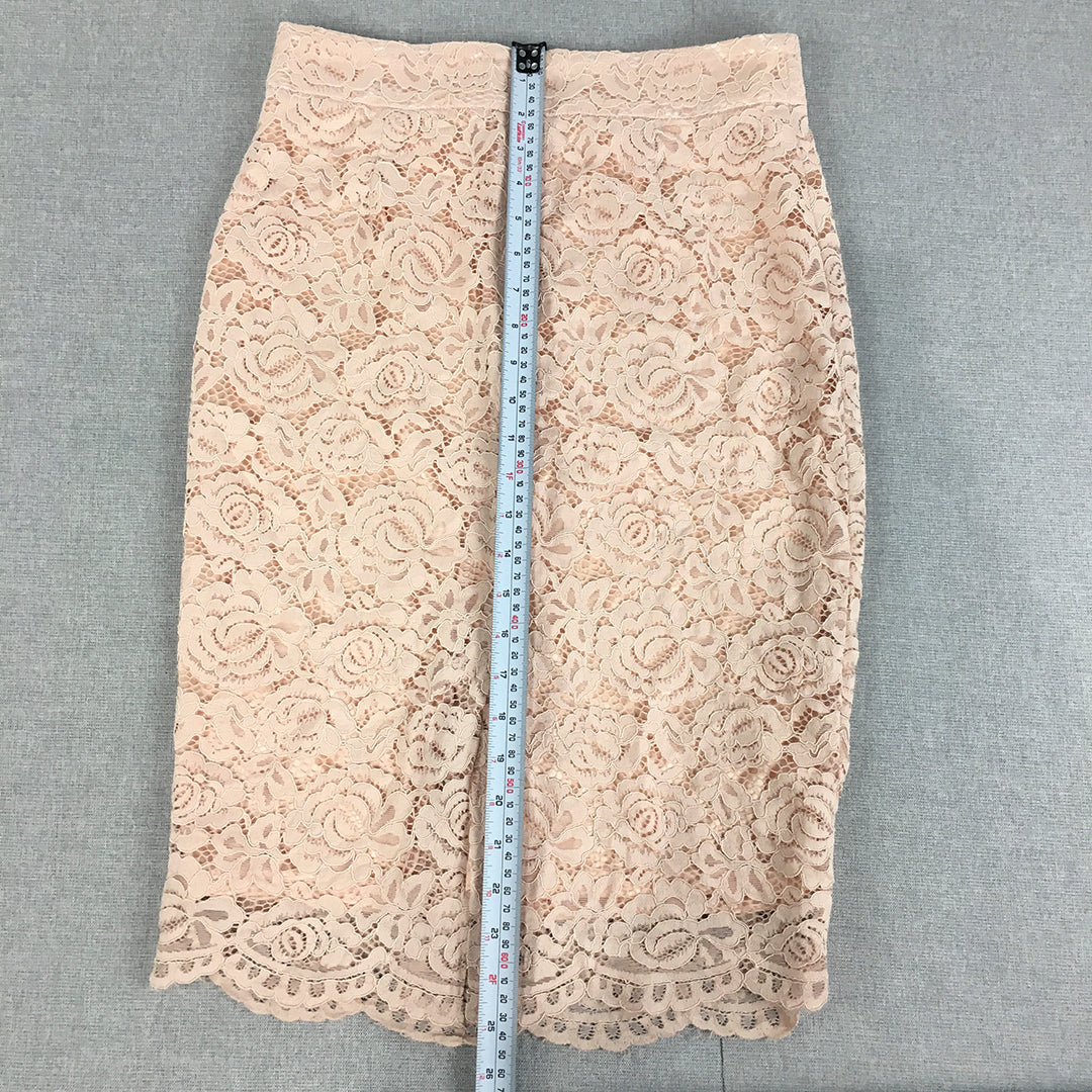 Forcast Boutique Womens Midi Skirt Size 10 Pink Floral Lace Straight Pencil