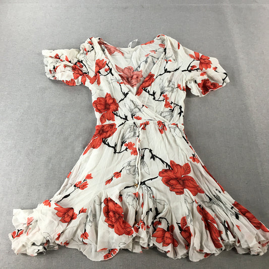 Indikah Womens Mini Dress Size 8 AU White Red Floral Pleated Fit & Flare