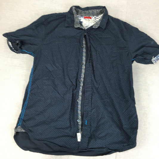 Projek Raw Mens Shirt Size L Black Blue Dot Short Sleeve Button-Up Collared