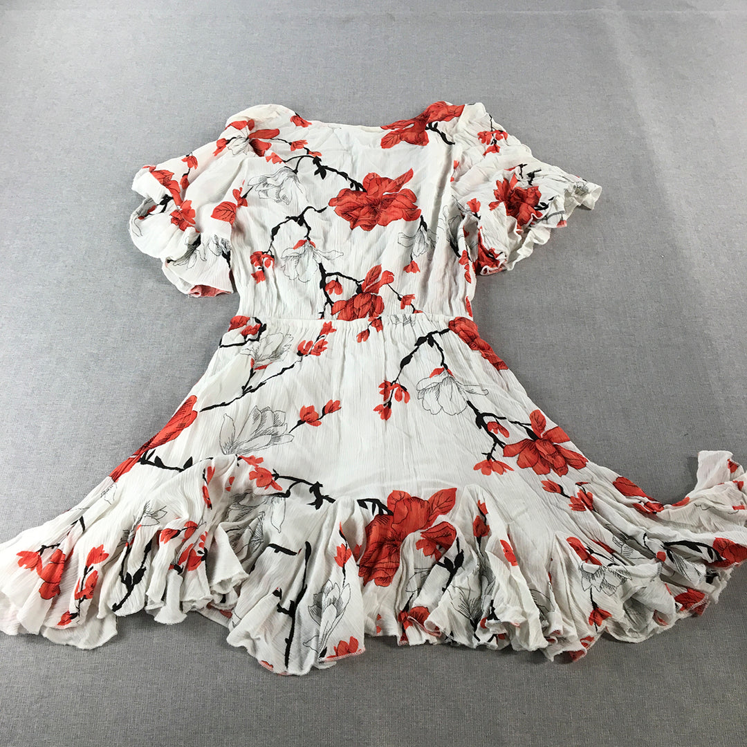 Indikah Womens Mini Dress Size 8 AU White Red Floral Pleated Fit & Flare