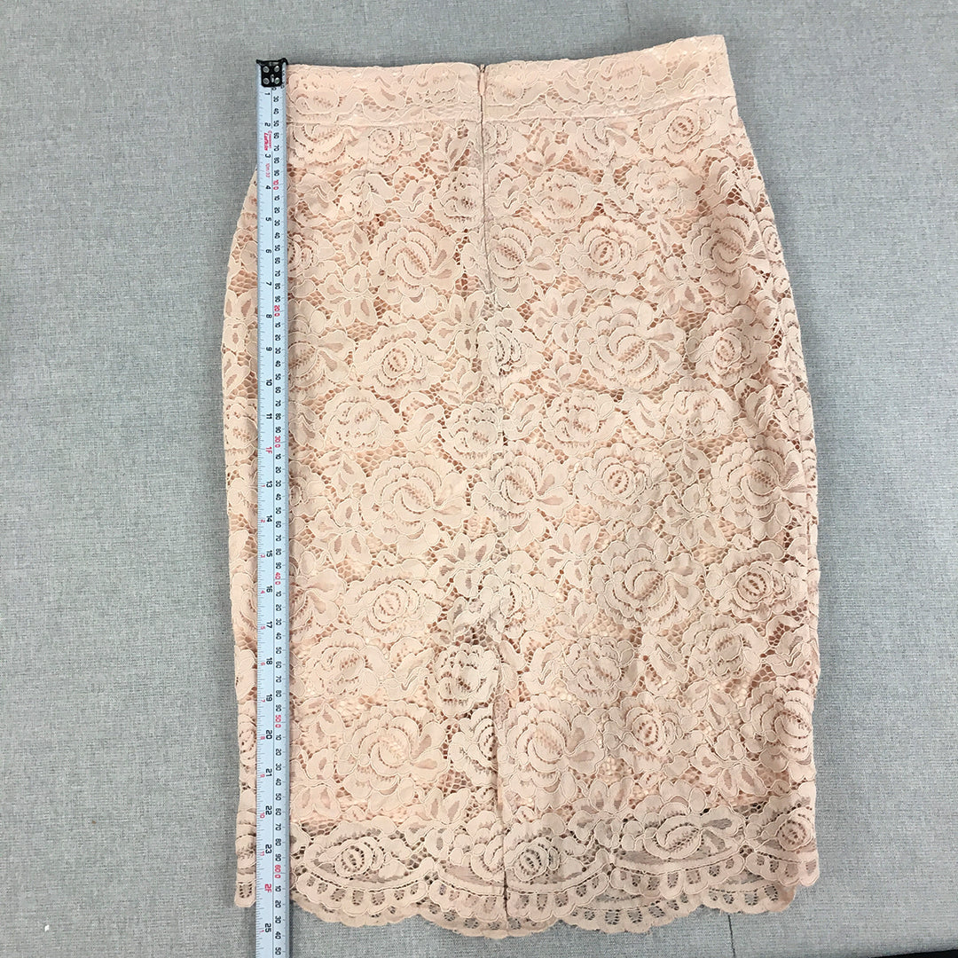 Forcast Boutique Womens Midi Skirt Size 10 Pink Floral Lace Straight Pencil