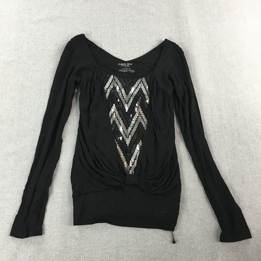 Face Off Womens Top Size 8 Black Long Sleeve Stretch Fabric Shirt Embellished