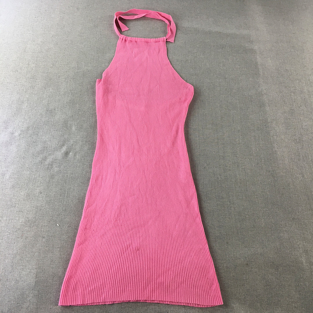 Morning Mist Womens Bodycon Dress Size 10 Pink Stretch Knit Mini Halter Neck