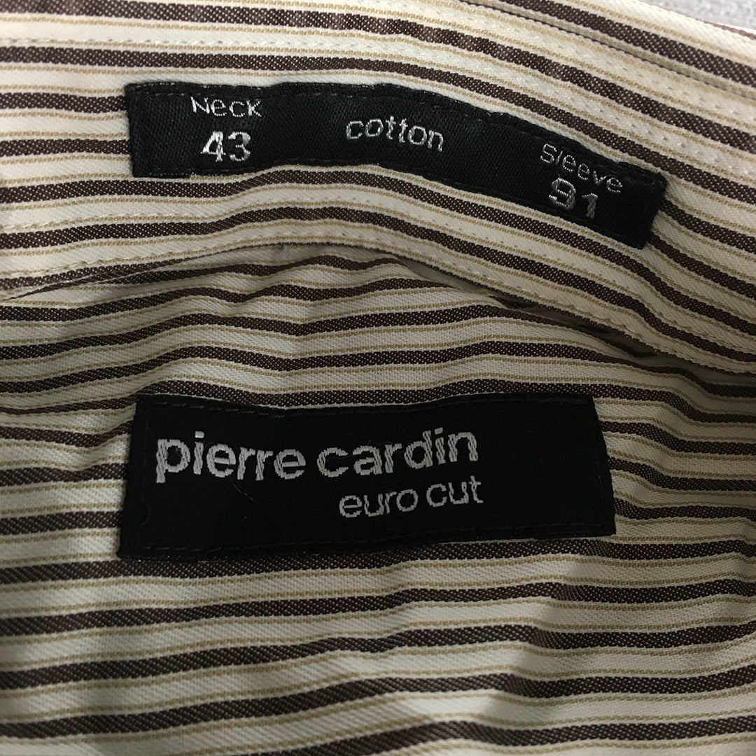 Pierre Cardin Mens Shirt Size M (43) White Brown Striped Button-Up Long Sleeve