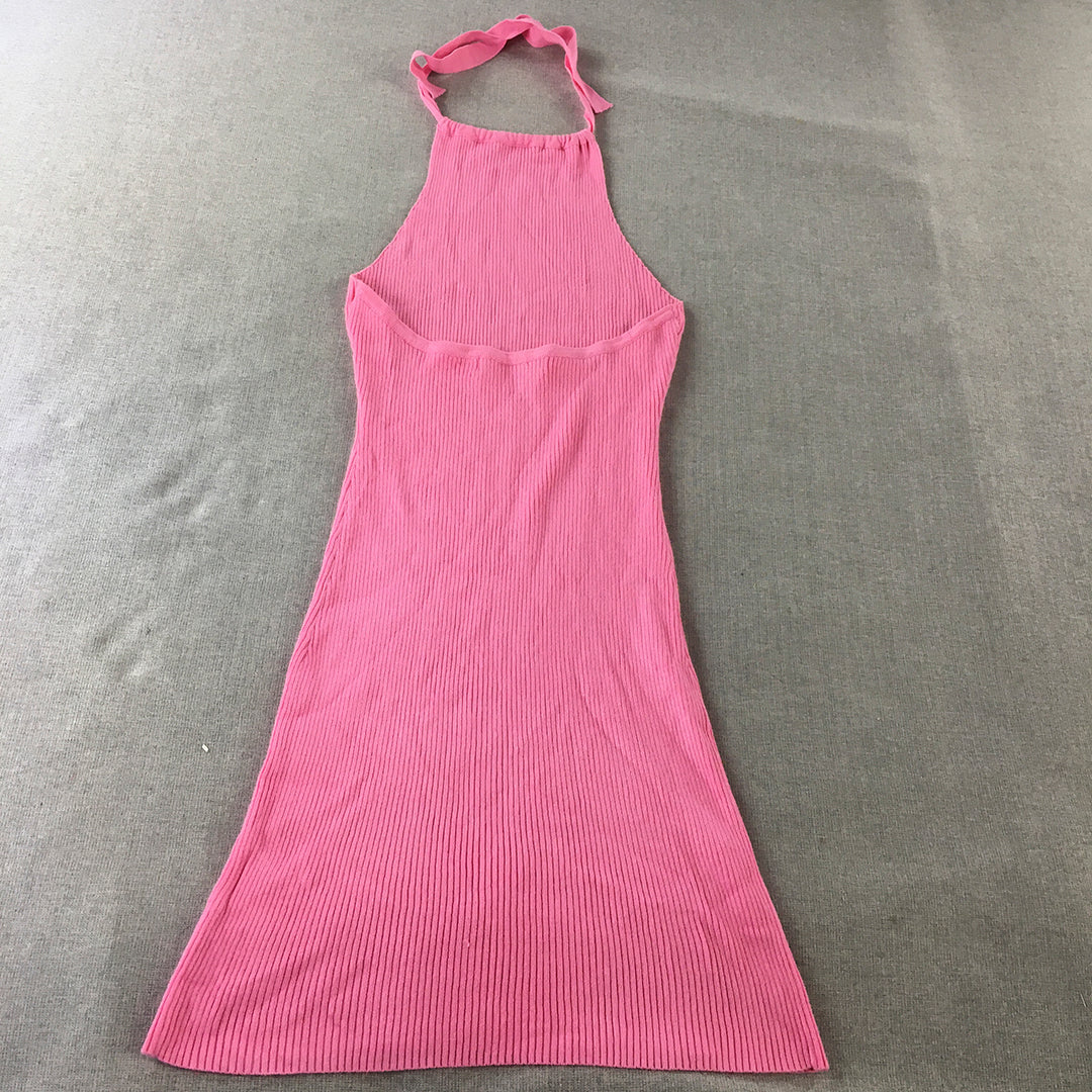 Morning Mist Womens Bodycon Dress Size 10 Pink Stretch Knit Mini Halter Neck