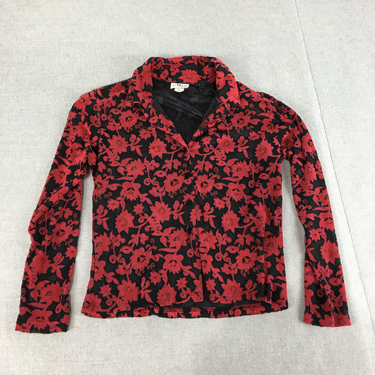 Vintage Maze Womens Top Size L Red Black Floral Button-Up Collared Blouse