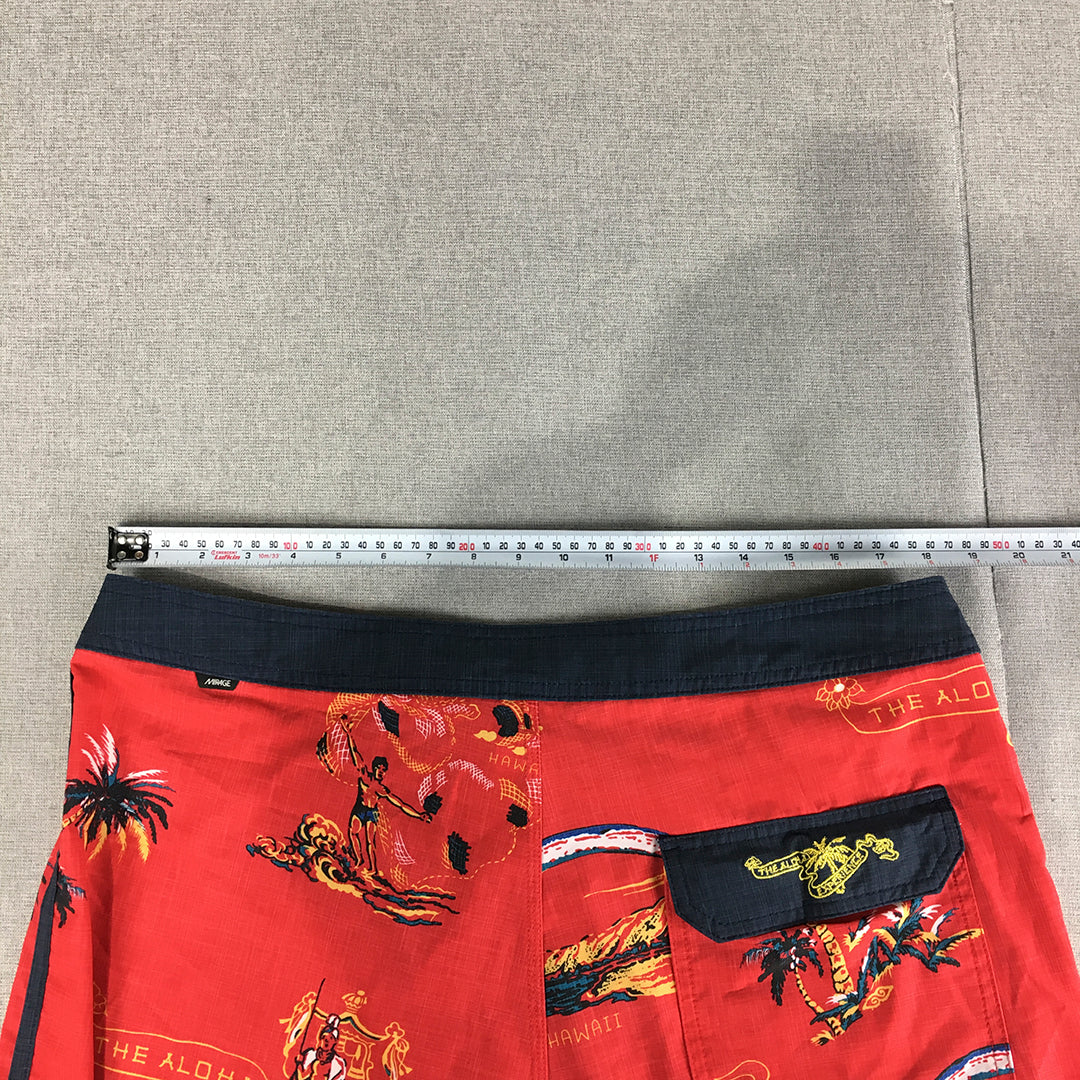 Rip Curl Mirage Board Shorts Size 36 Red Aloha Hawaiian Drawstring Surf Swim