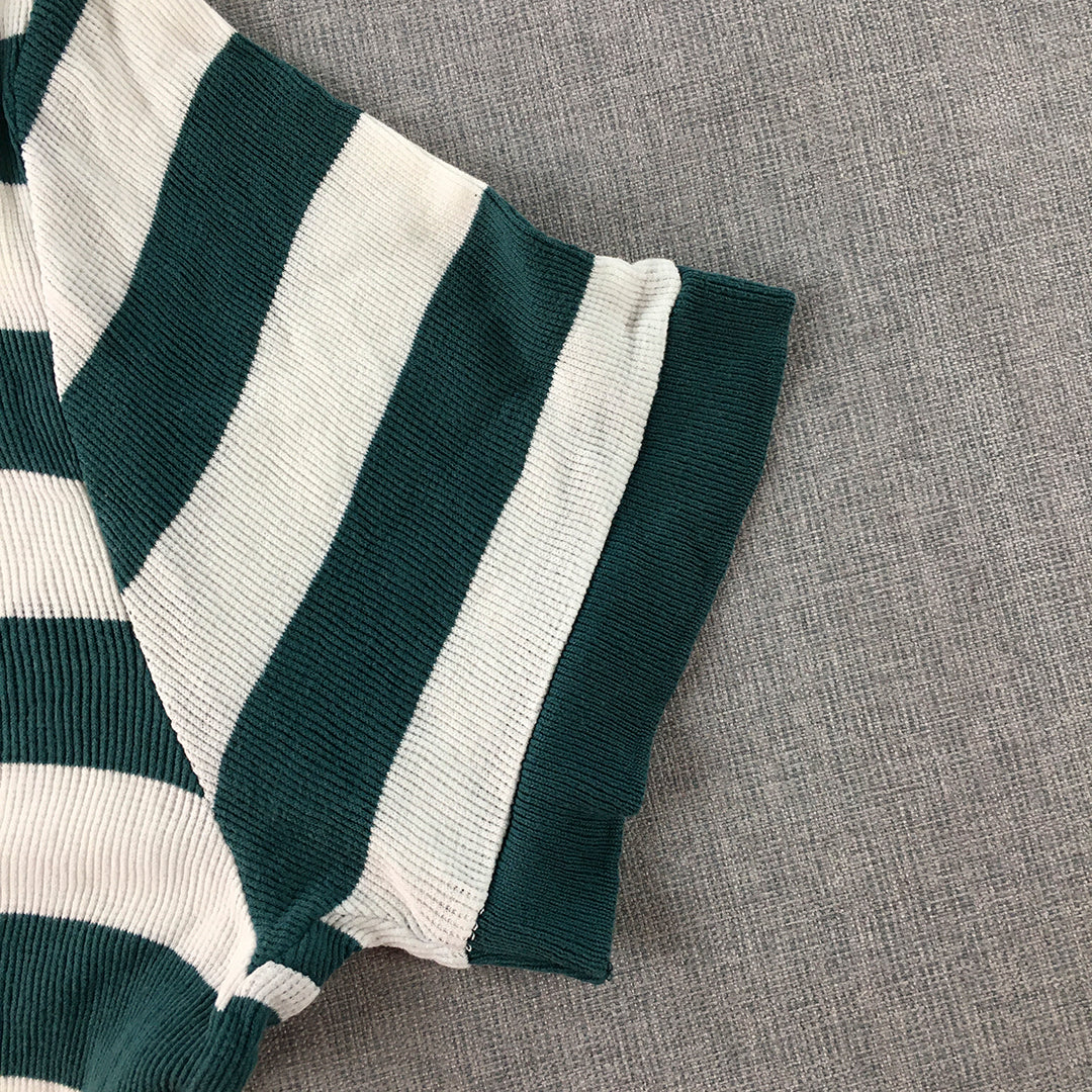 Zara Man Knit Polo Shirt Size L Slim Fit Stretch Green White Striped Rugby