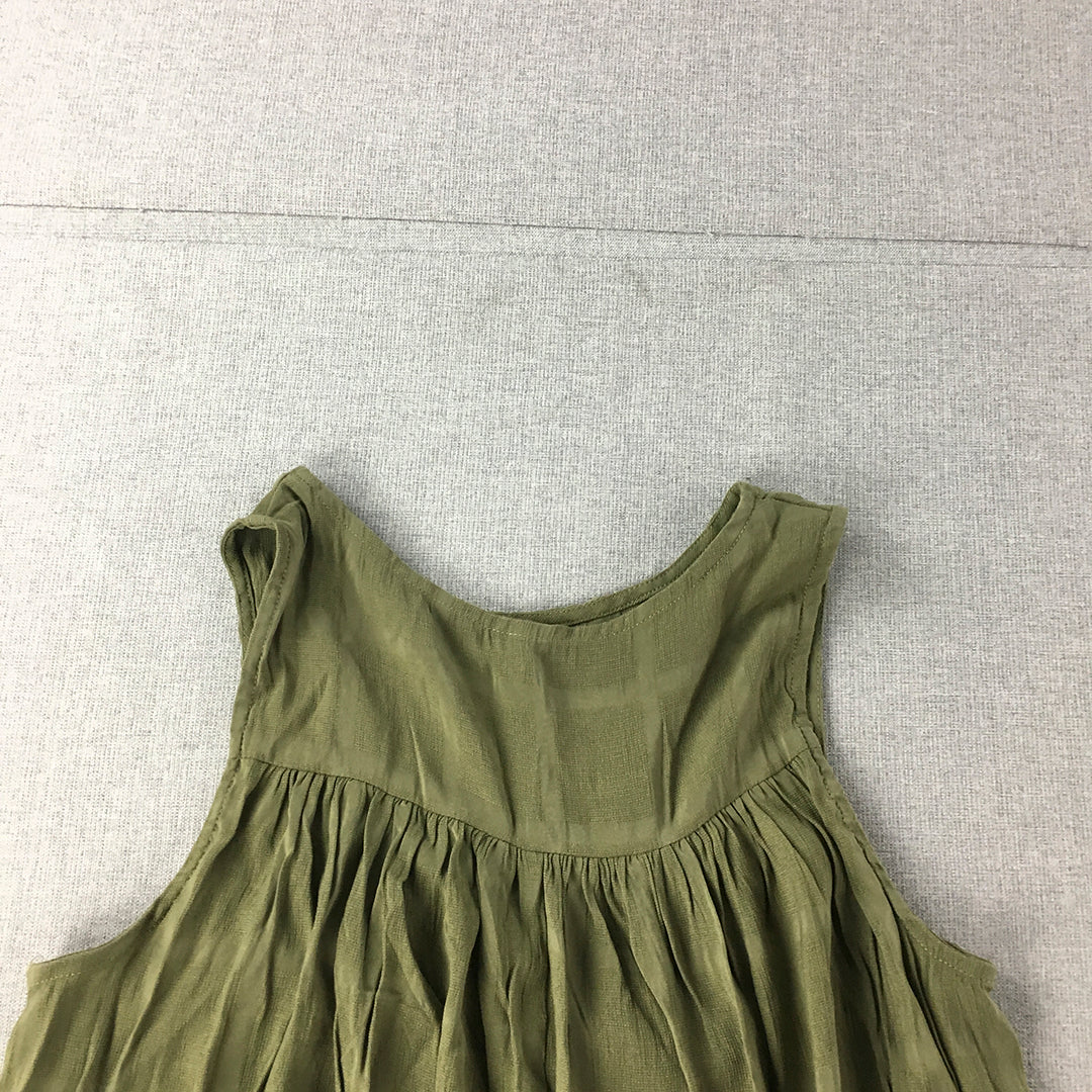 Indikah Womens Midi Dress Size 6 Khaki Green Sleeveless Wrap Layered