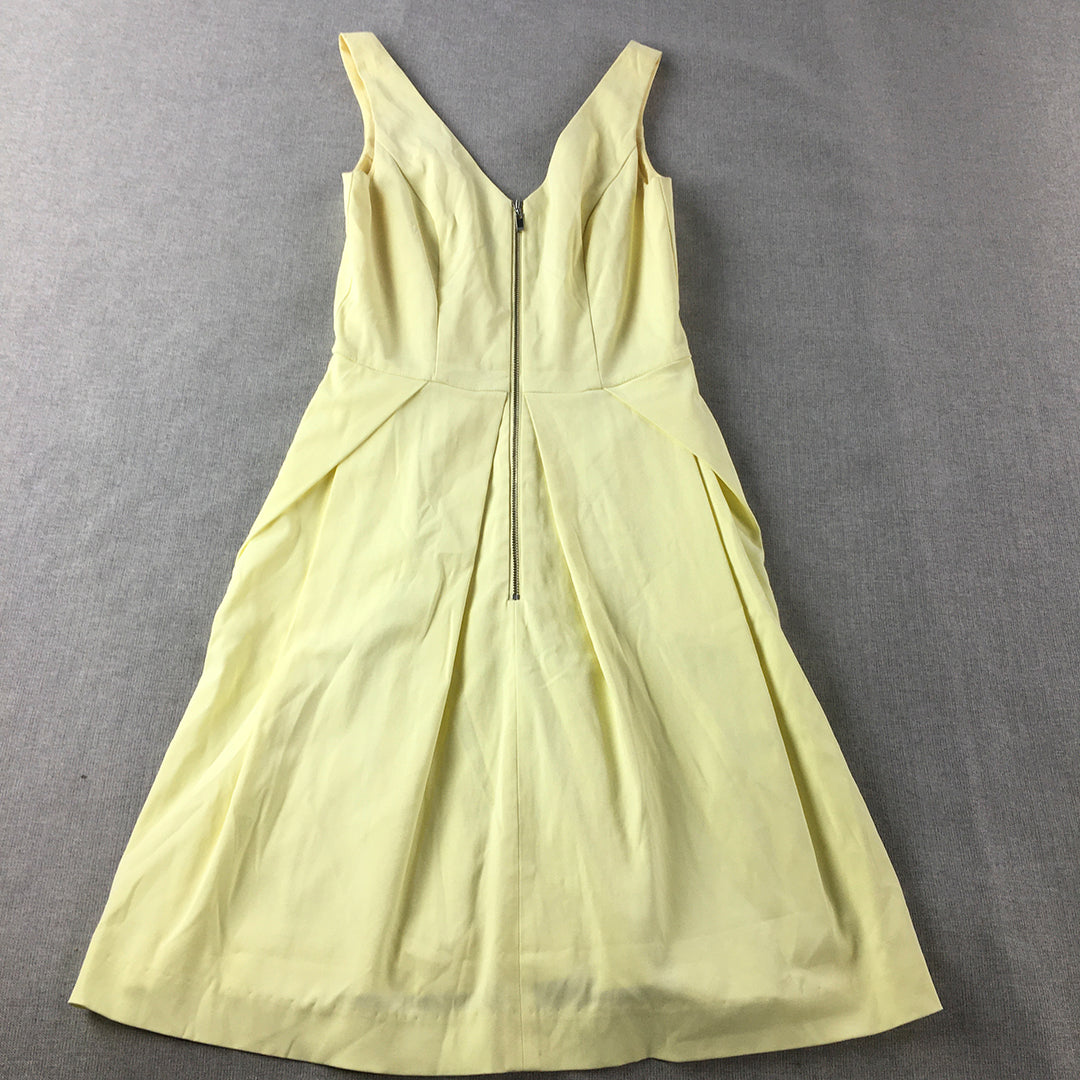 Cue Womens Mini Dress Size 6 Yellow Pleated A-Line V-Neck Sleeveless