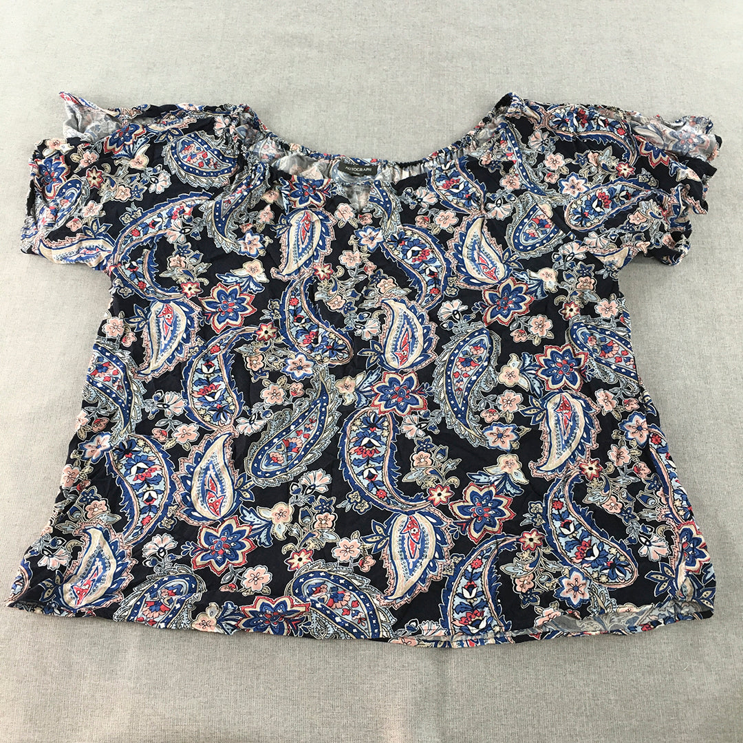 Autograph Womens Top Size 18 Black Blue Paisley Short Sleeve Blouse