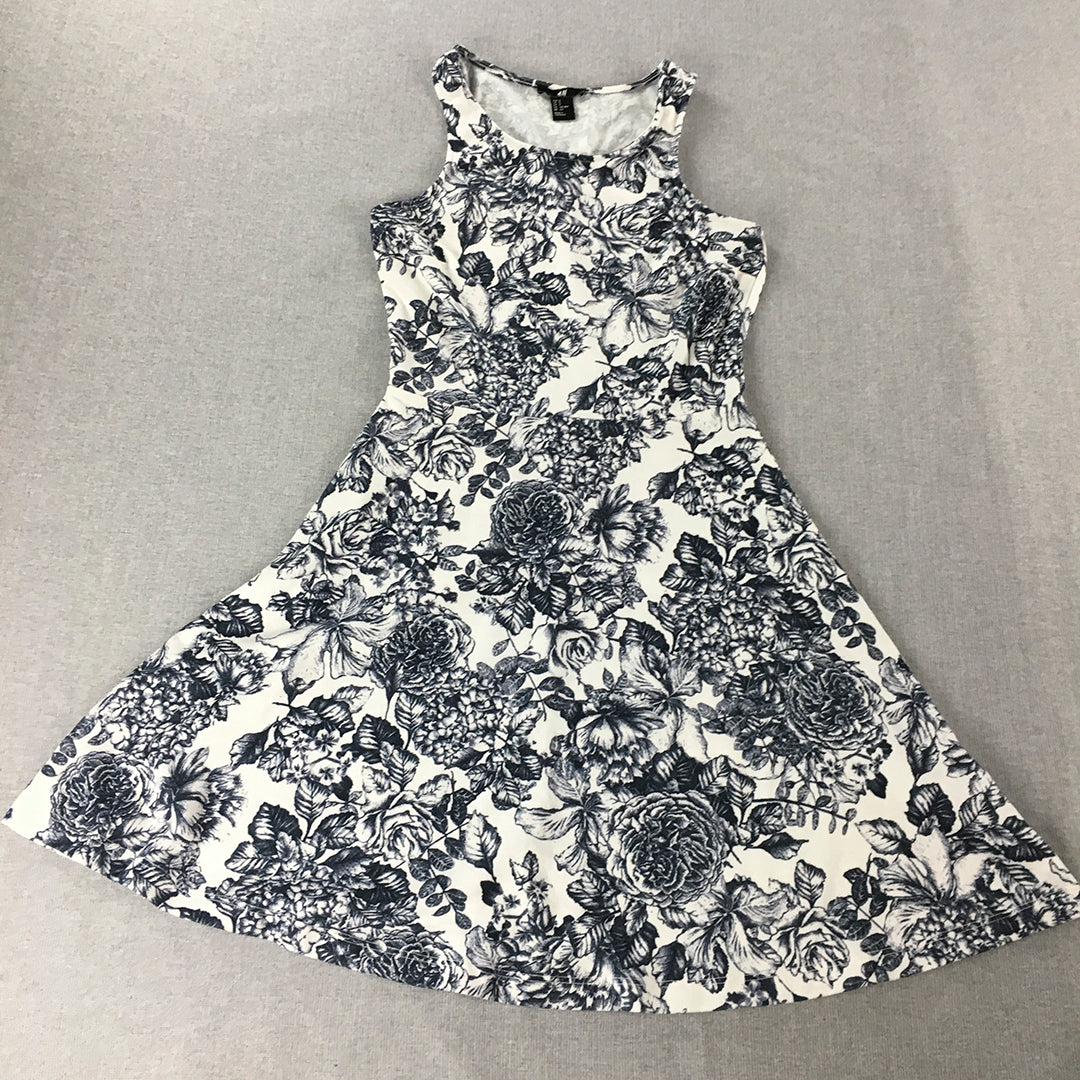 H&M Womens Mini Dress Size S White Blue Floral Fit & Flare Sleeveless