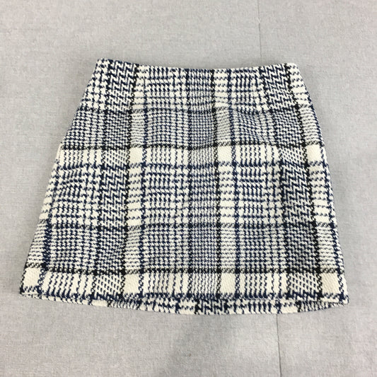 H&M Womens Wool Mini Skirt Size 8 White Blue Checkered Knit A-Line