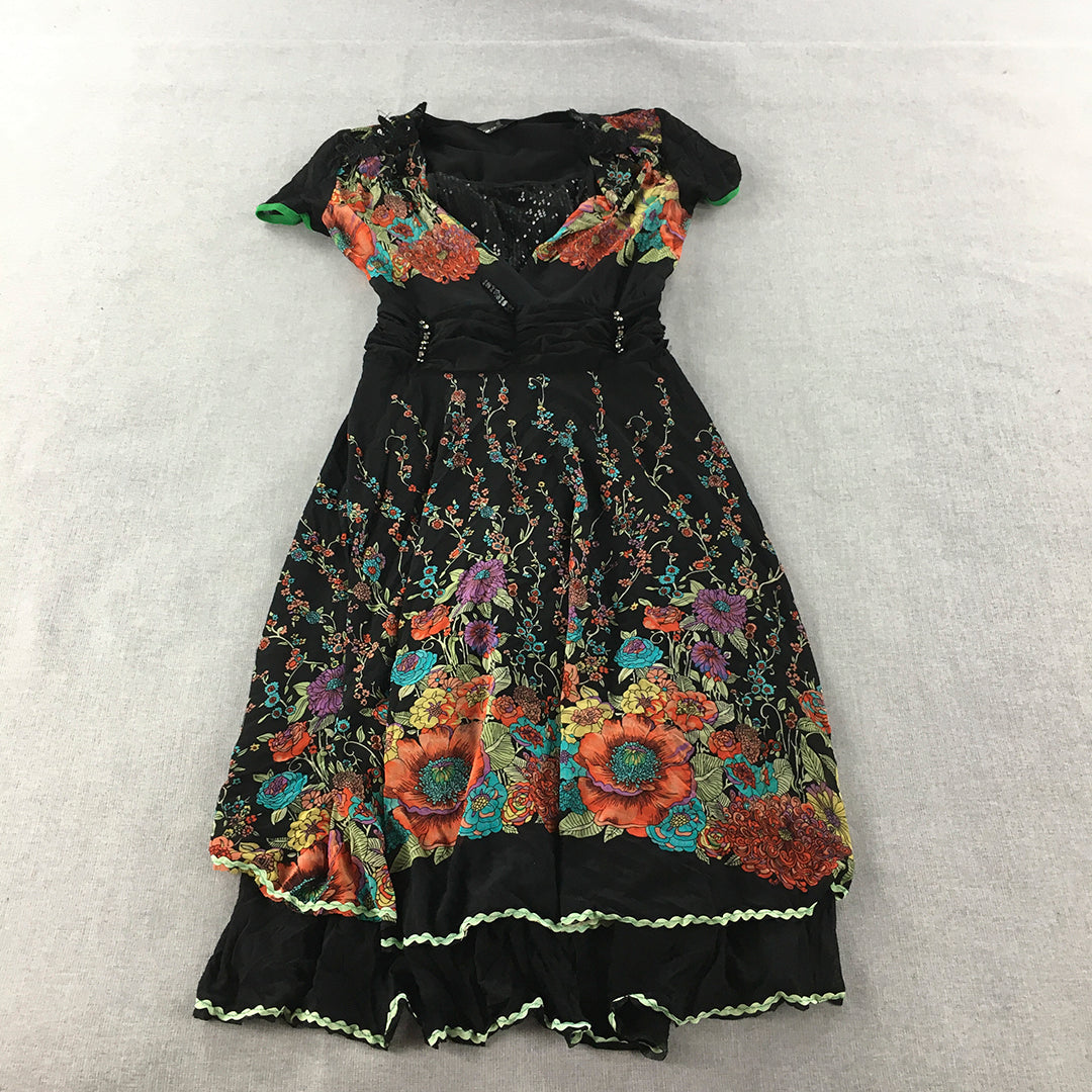 Mansfield Womens Mini Dress Size L Black Floral Short Sleeve Fit Flare