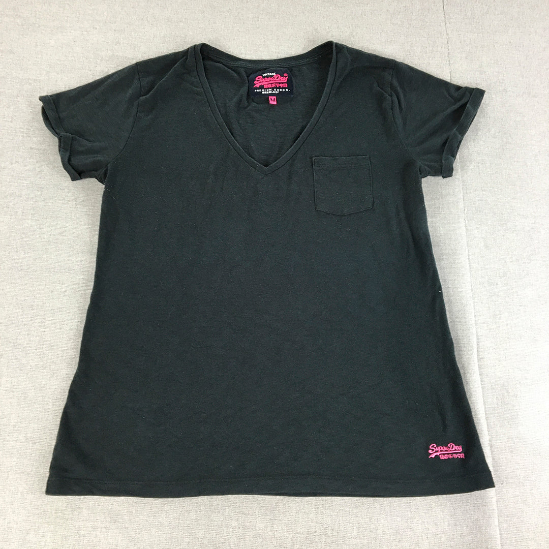 Superdry Womens T-Shirt Size M Navy Blue Pink Logo V-Neck Top