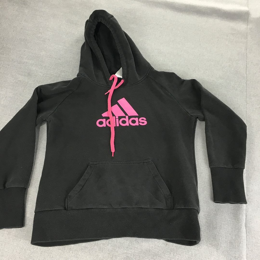 Adidas Womens Hoodie Sweater Size M Black Pink Logo Pockets Jumper