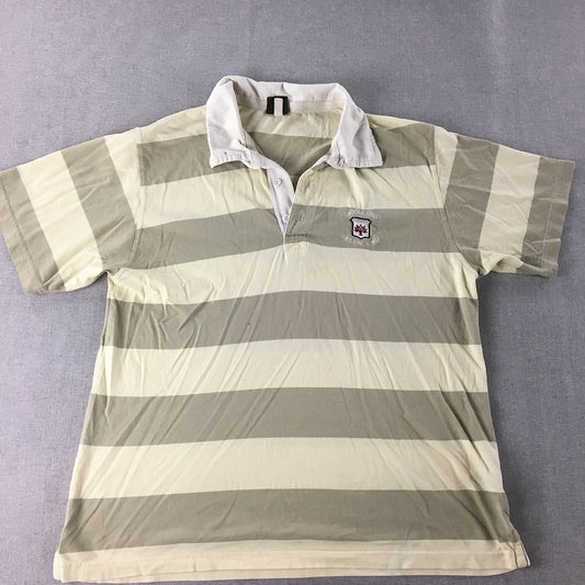 Woodland Mens Polo Shirt Sizwe L Grey Beige Striped Logo Collared Rugby