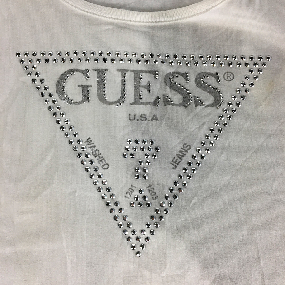 Guess Womens T-Shirt Size L White Diamante Logo Short Sleeve Top Stretch