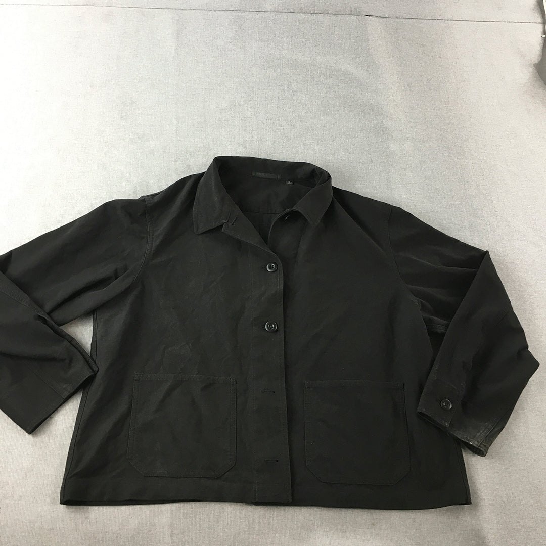 Uniqlo Womens Overshirt Size XL Black Relaxed Fit Button-Up Pockets Long Sleeve