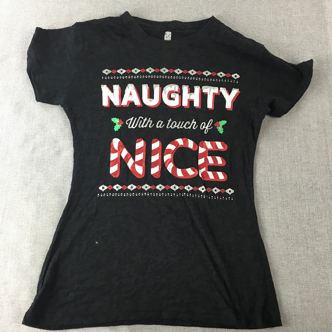 Dec.25th Womens Christmas T-Shirt Size M Black Naughty With A Touch Of Nice