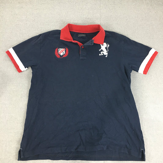 Zara Man Polo Shirt Size L Navy Blue Embroidered Lion Collared Rugby