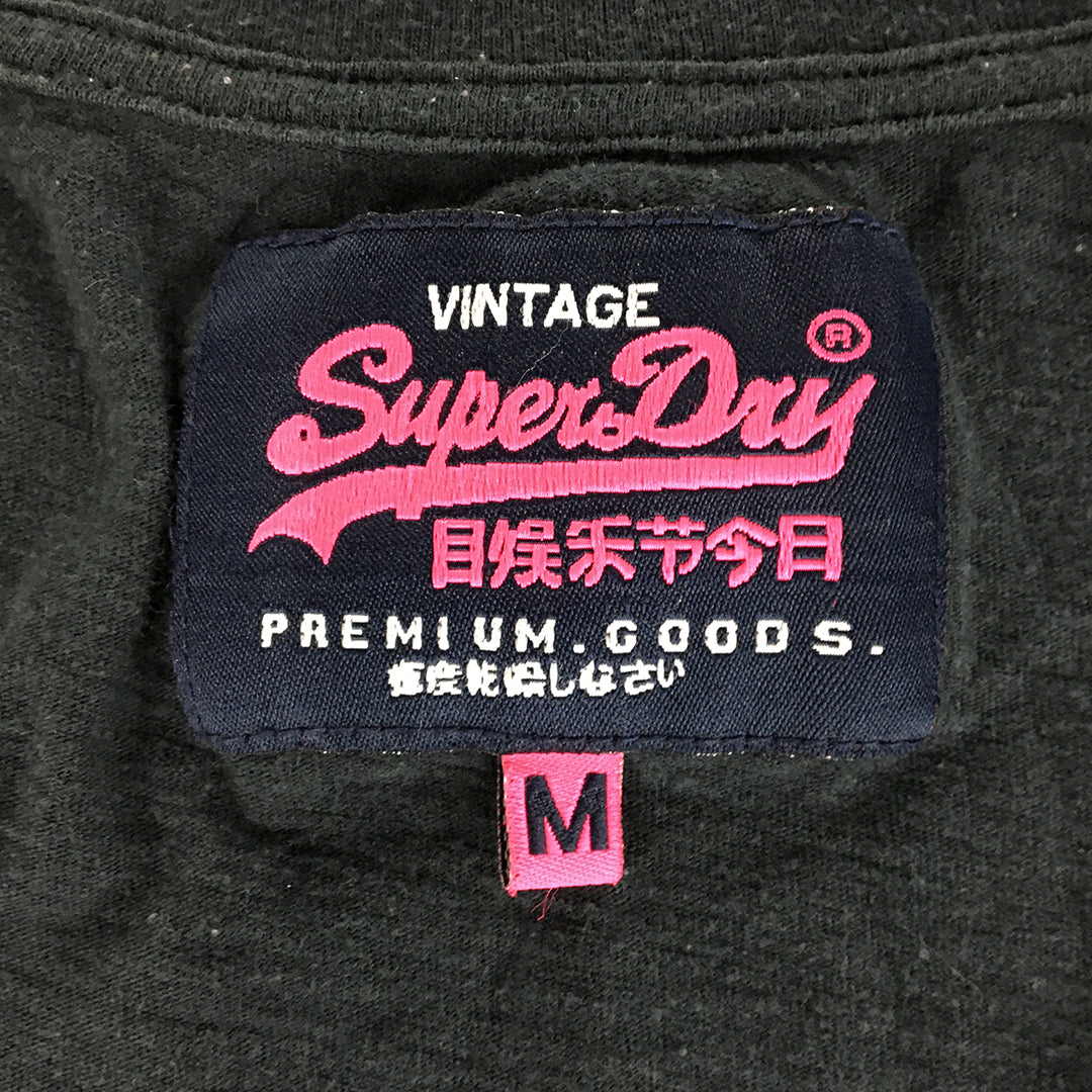 Superdry Womens T-Shirt Size M Navy Blue Pink Logo V-Neck Top